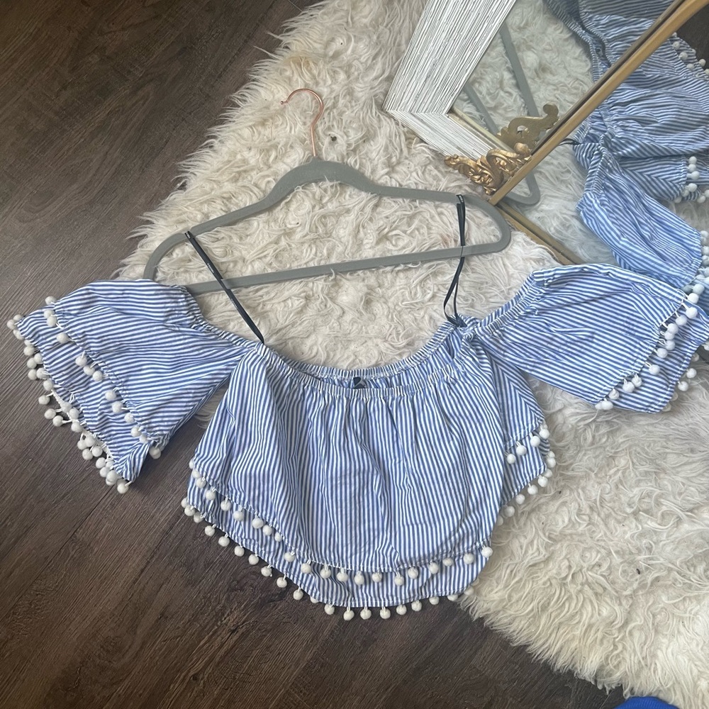 Forever 21 seersucker striped pompom tiered crop top cotton small off the